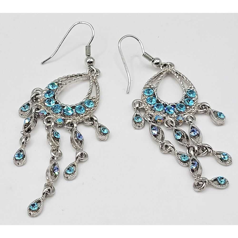Vintage Y2K Pale Blue Silver Chandelier Earrings 3in